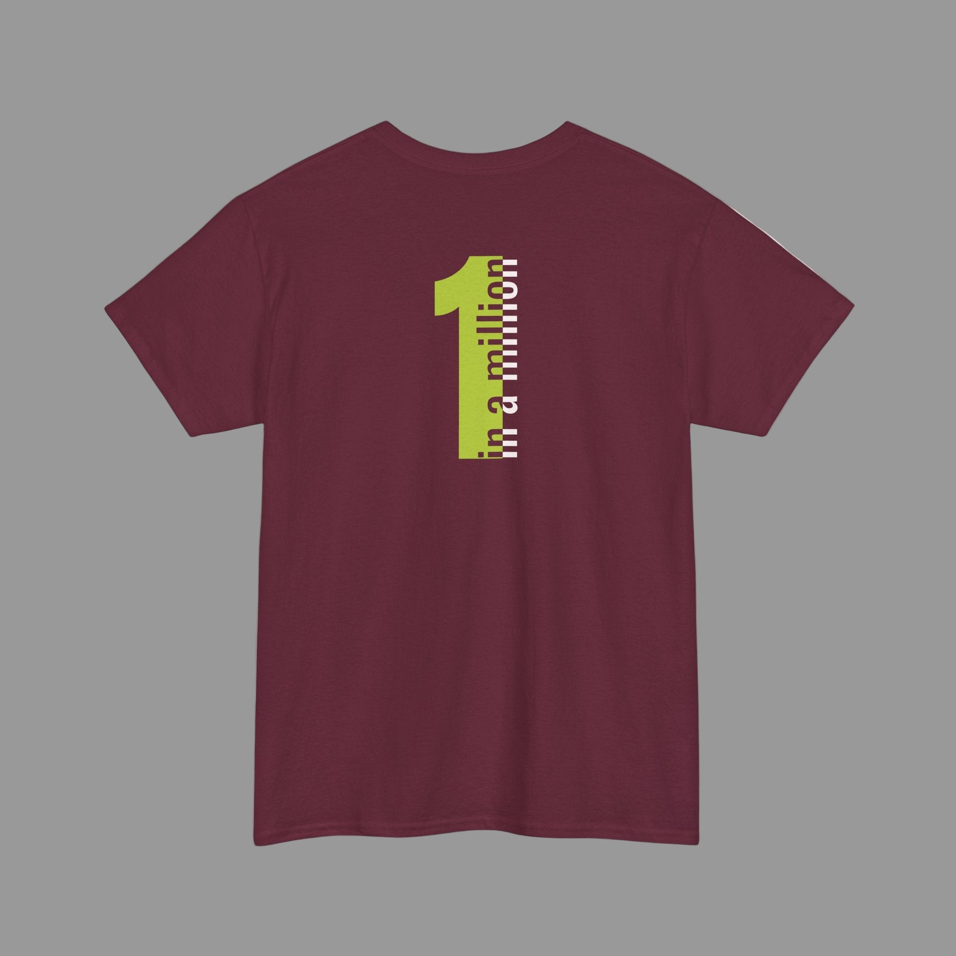 Maroon t-shirt with a green and white graphic on the back against a white background