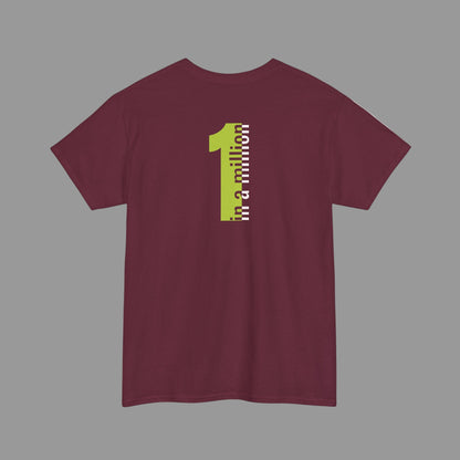 Maroon t-shirt with a green and white graphic on the back against a white background