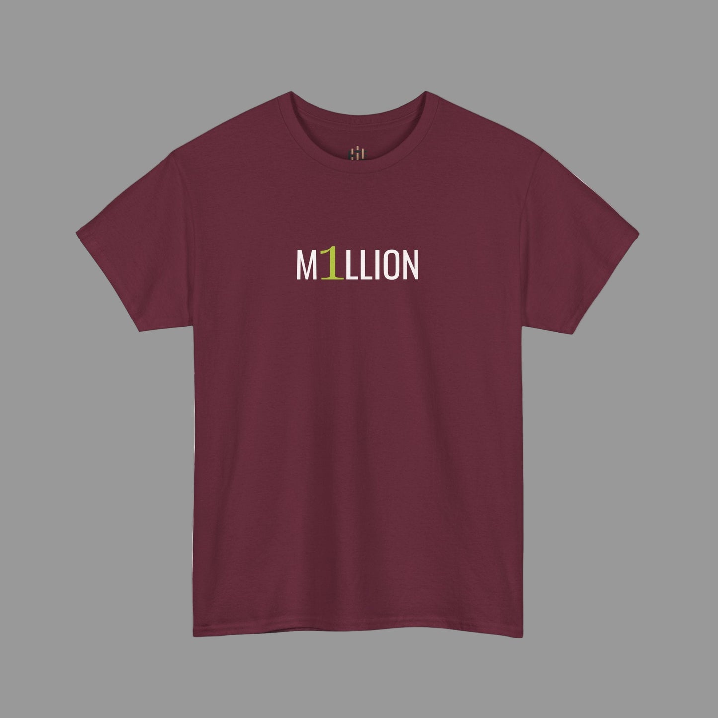 Maroon t-shirt with 'M1LLION' text on a white background