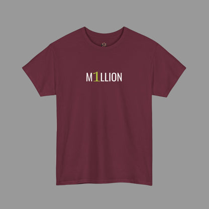 Maroon t-shirt with 'M1LLION' text on a white background
