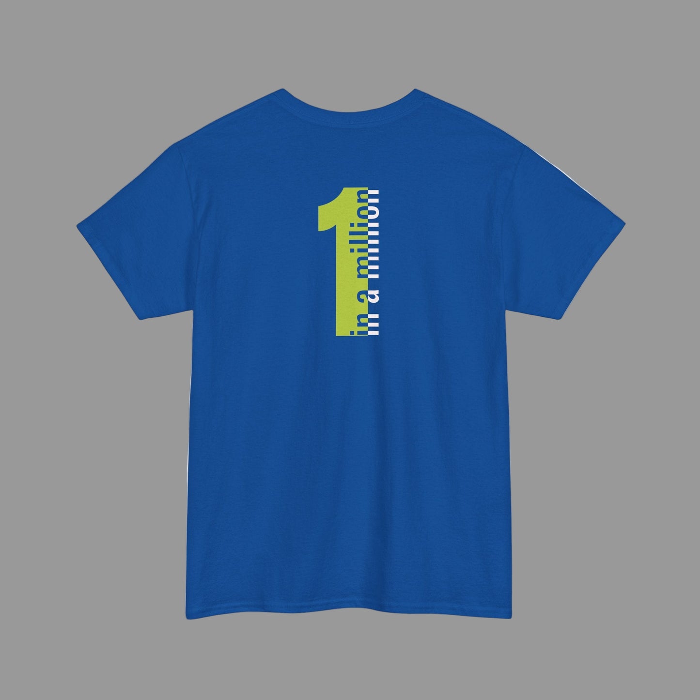 Blue t-shirt with a yellow and white graphic on the back against a white background
