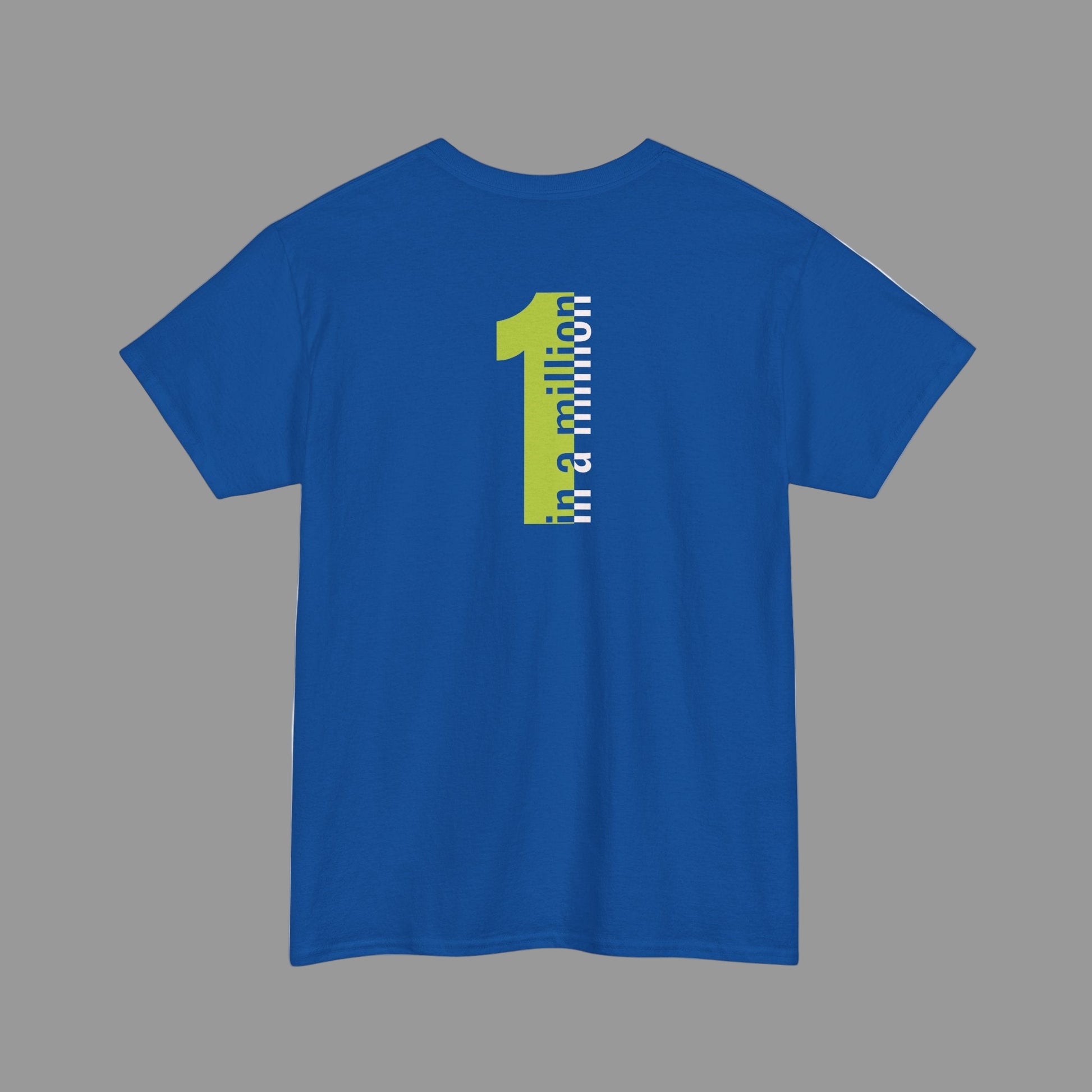 Blue t-shirt with a yellow and white graphic on the back against a white background