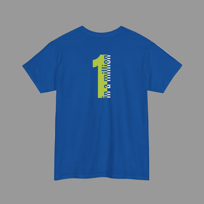 Blue t-shirt with a yellow and white graphic on the back against a white background