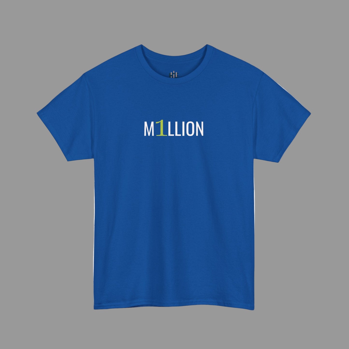 Blue t-shirt with 'M1LLION' text on a white background