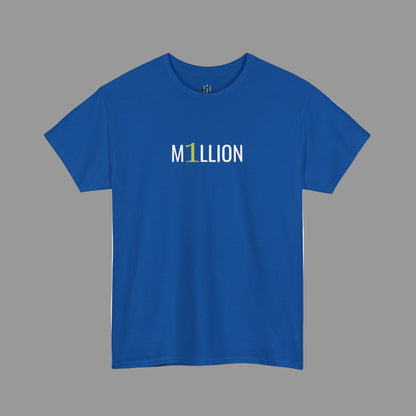 Blue t-shirt with 'M1LLION' text on a white background