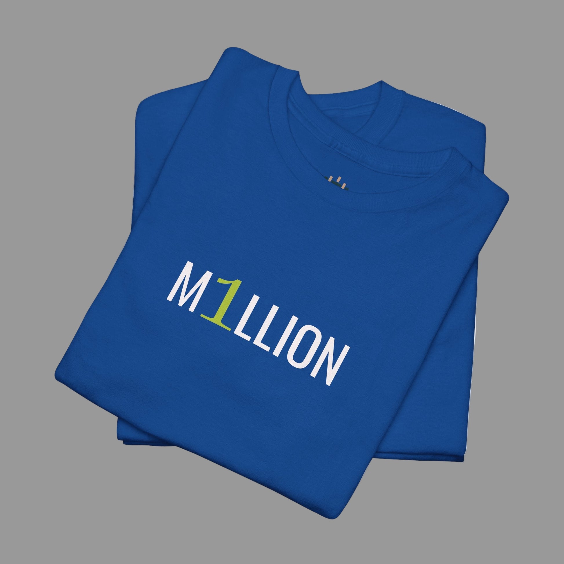 Folded blue t-shirt with 'M1LION' text on a white background