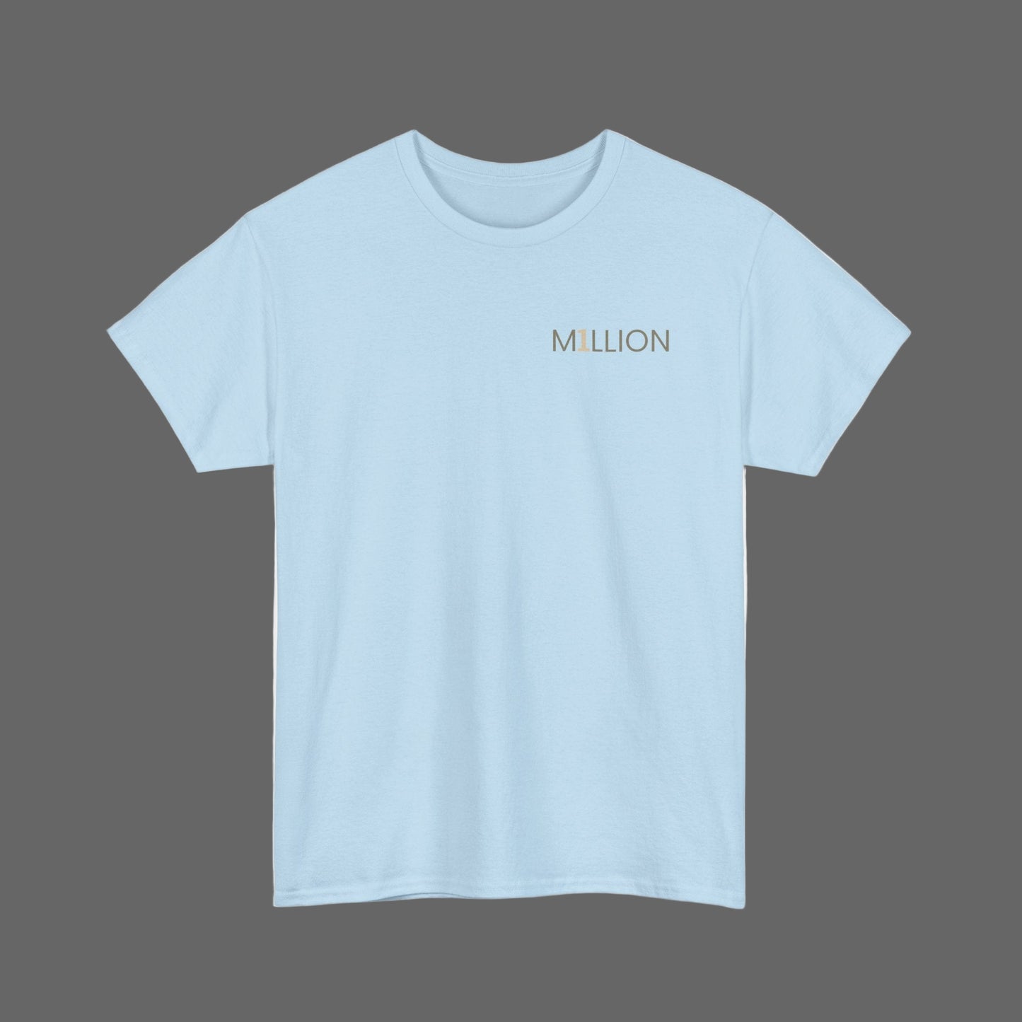 Light blue t-shirt with 'MILLION' text on a white background