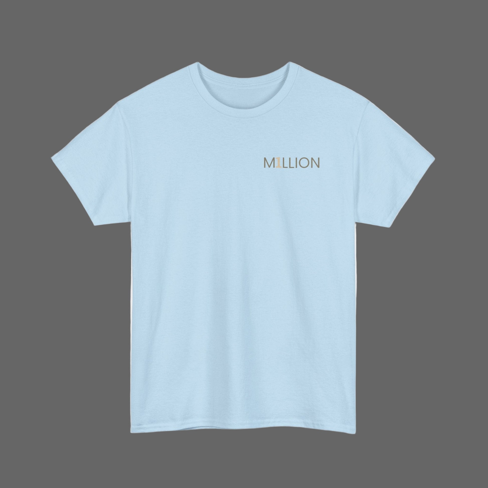 Light blue t-shirt with 'MILLION' text on a white background