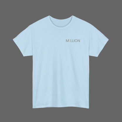 Light blue t-shirt with 'MILLION' text on a white background