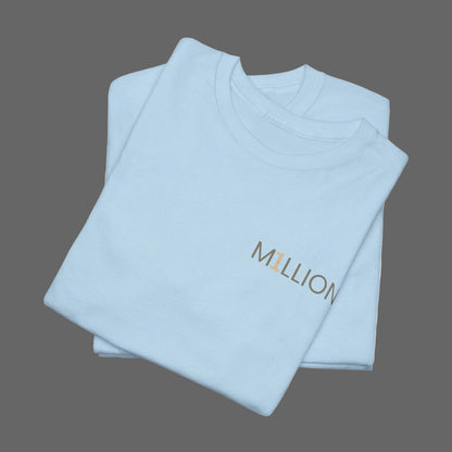 Folded light blue t-shirt with 'MILLION' text on a white background
