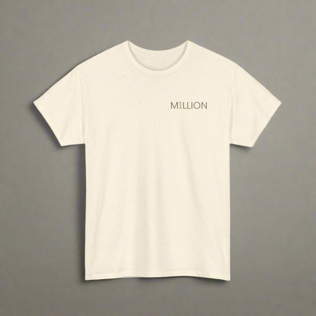 Beige t-shirt with 'MILLION' text on a white background