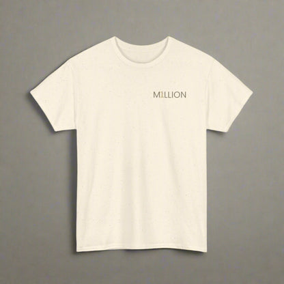 Beige t-shirt with 'MILLION' text on a white background