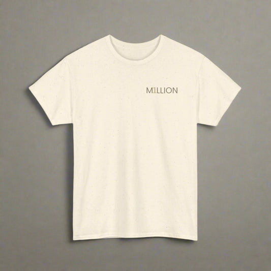 Beige t-shirt with 'MILLION' text on a white background