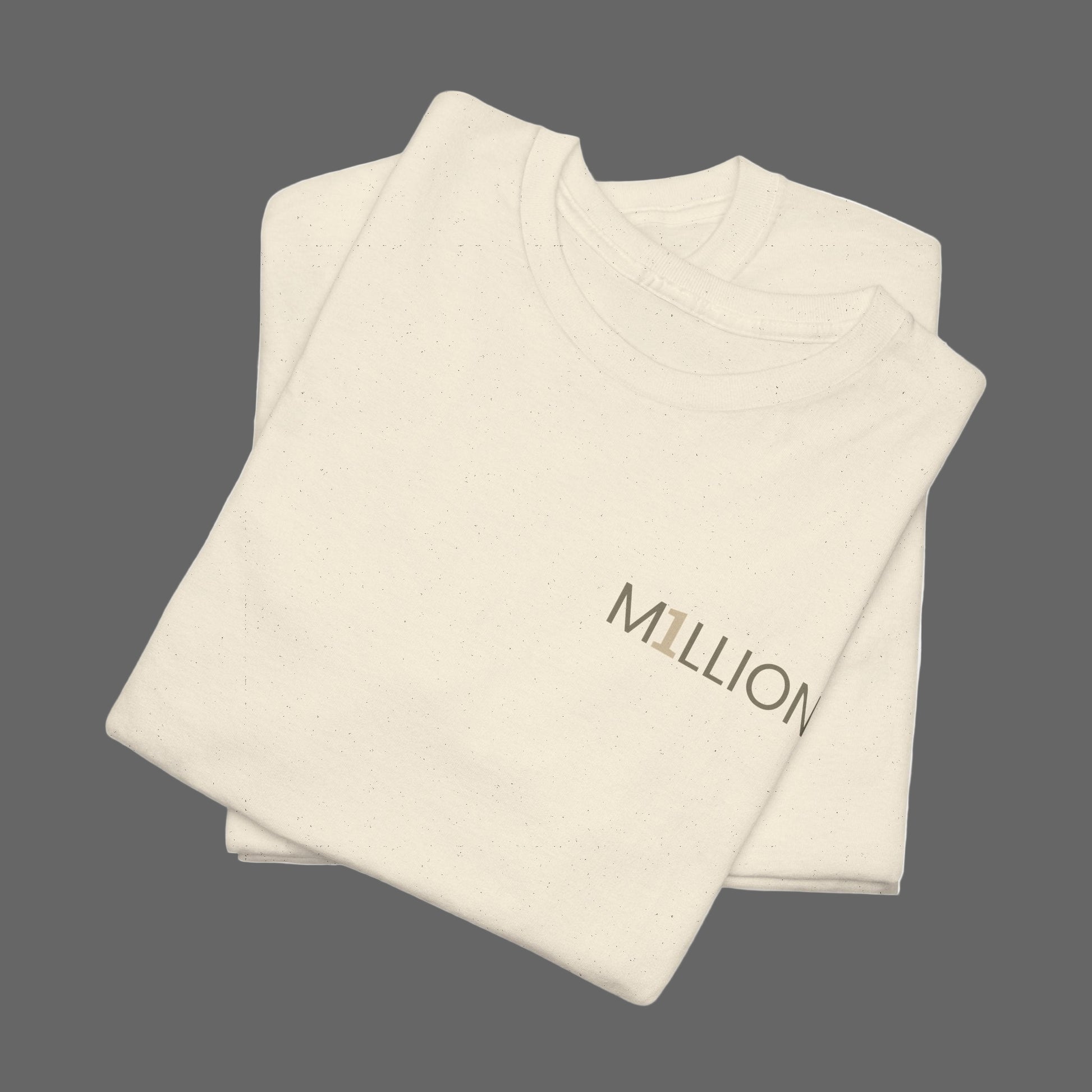 Folded beige sweatshirt with 'MILLION' branding on a white background