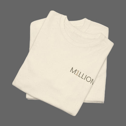 Folded beige sweatshirt with 'MILLION' branding on a white background