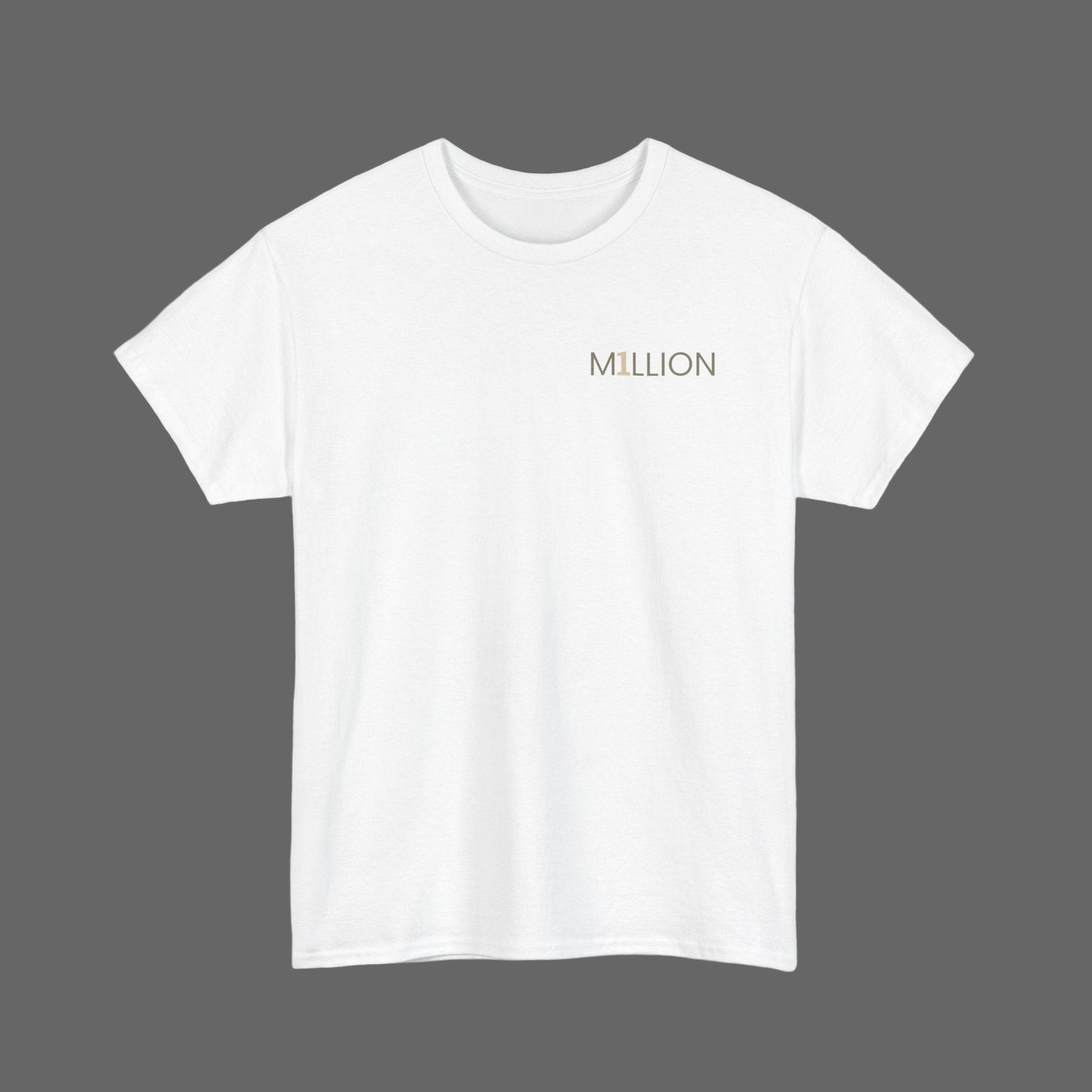 White t-shirt with 'MILLION' printed in gold on a white background
