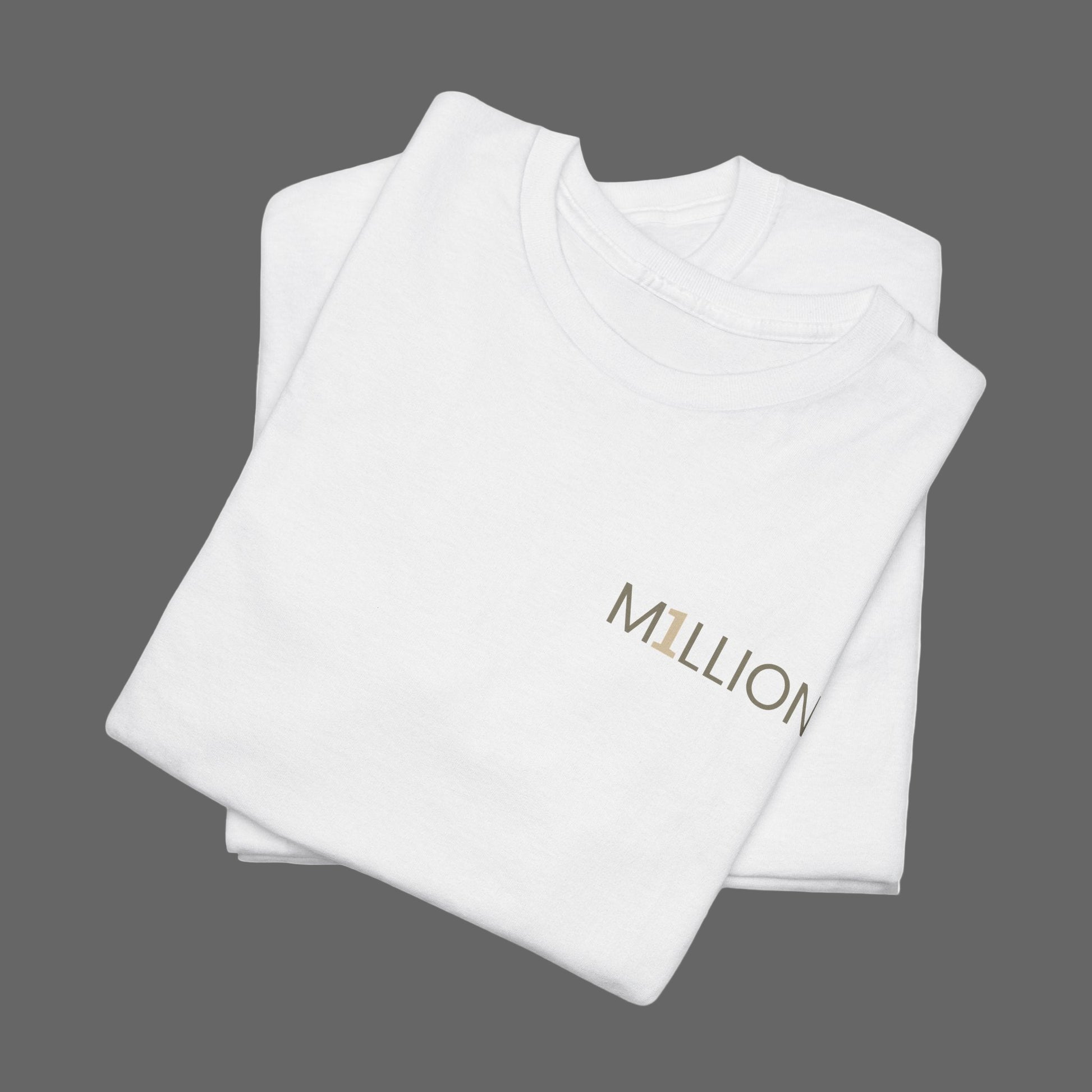 Folded white t-shirt with 'M1LLOn' branding on a white background