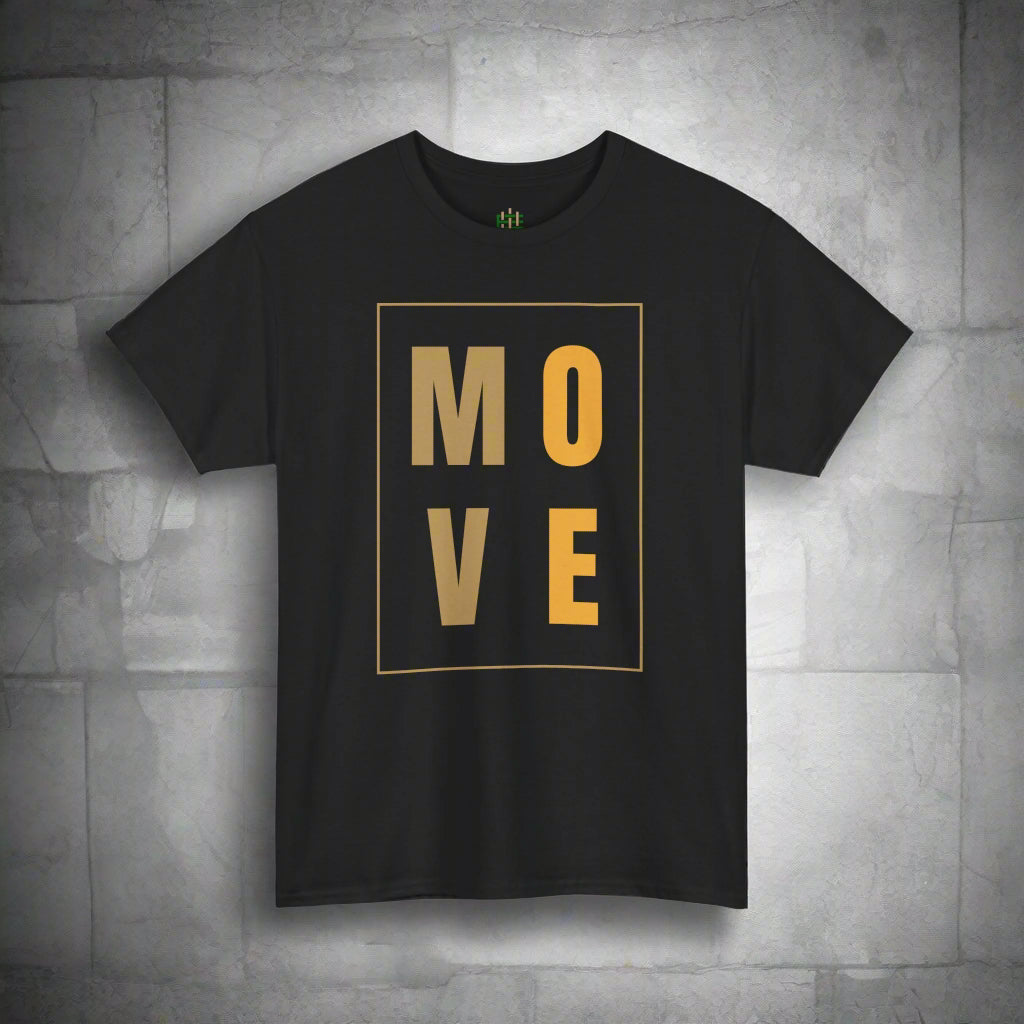 Black t-shirt with 'MOVE' in gold letters on a white background
