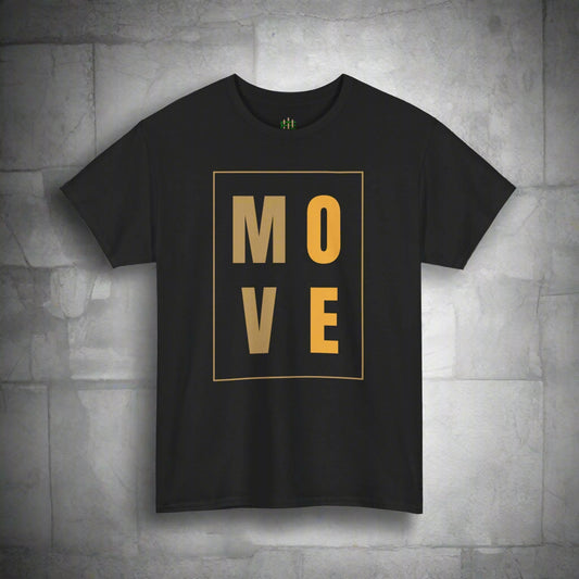 Black t-shirt with 'MOVE' in gold letters on a white background