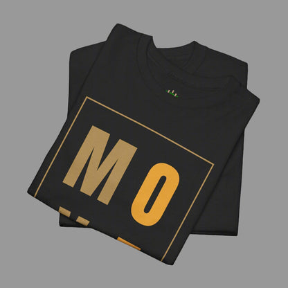 Black t-shirt with 'MO' printed in gold on a white background