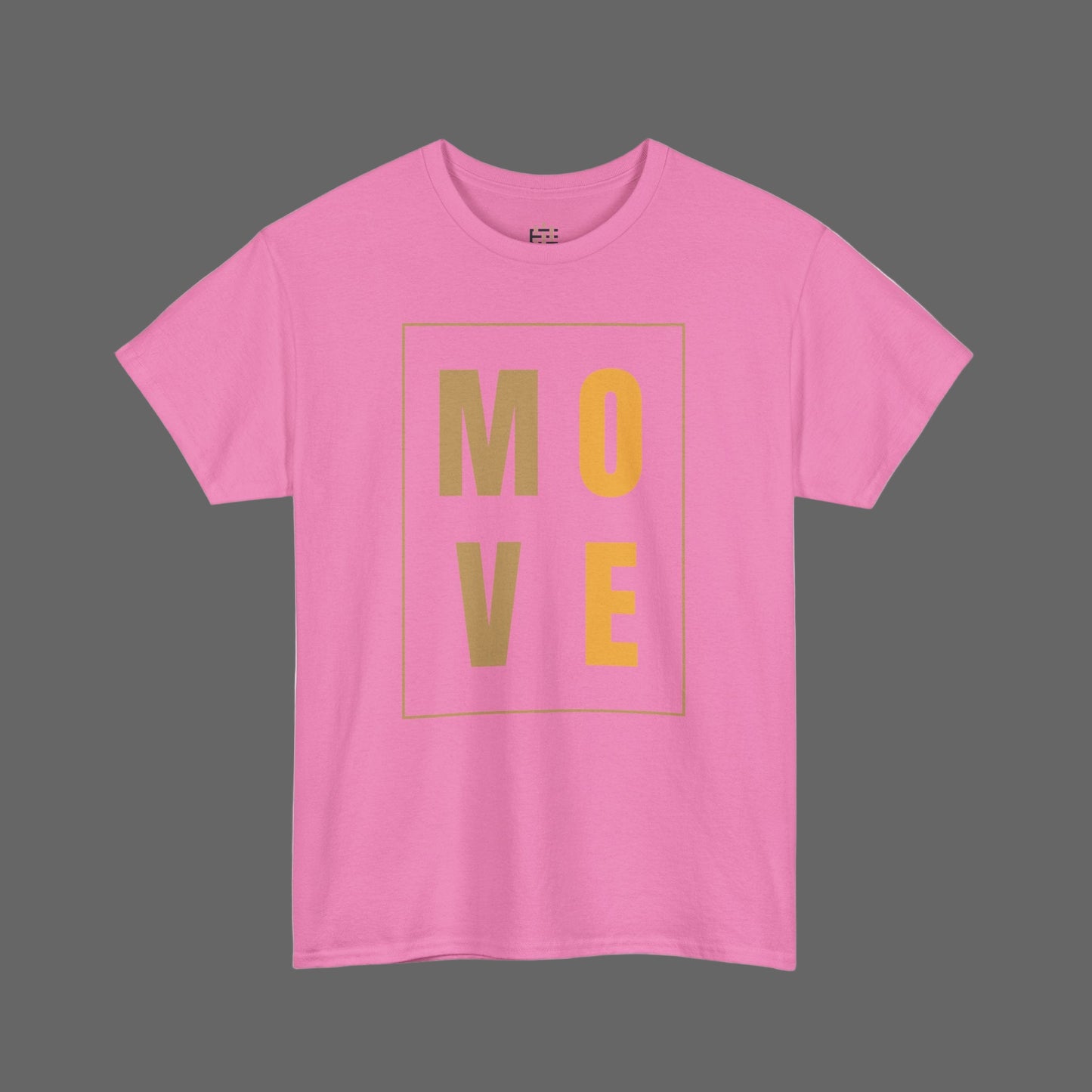 Pink t-shirt with 'MOVE' printed in gold on a white background