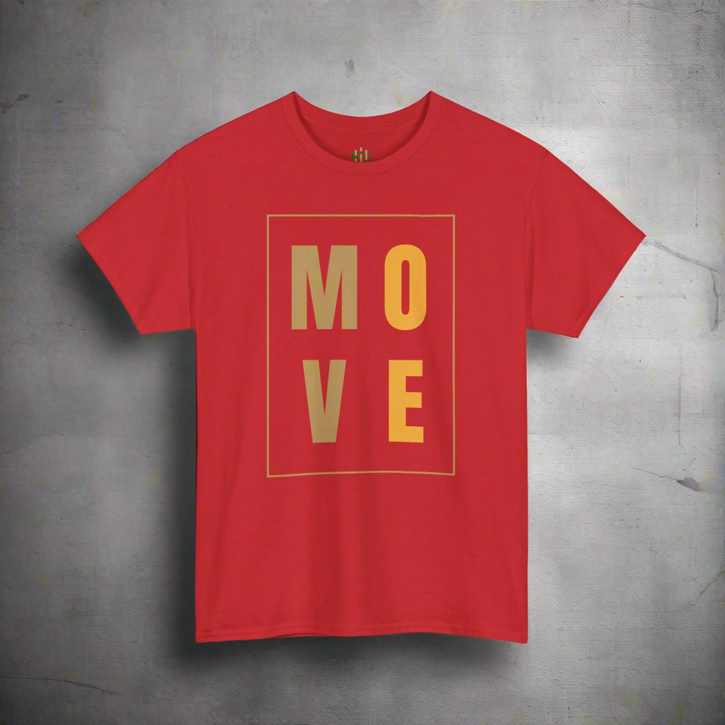 Red t-shirt with 'MOVE' printed in gold on a white background