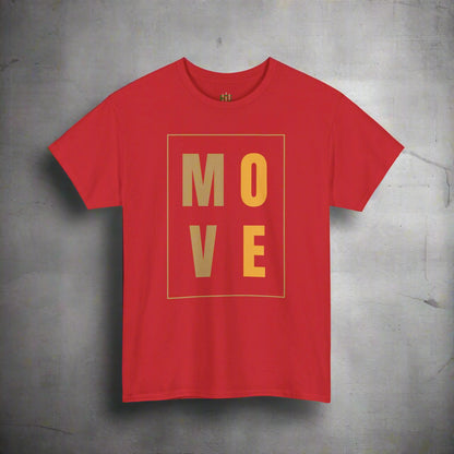 Red t-shirt with 'MOVE' printed in gold on a white background