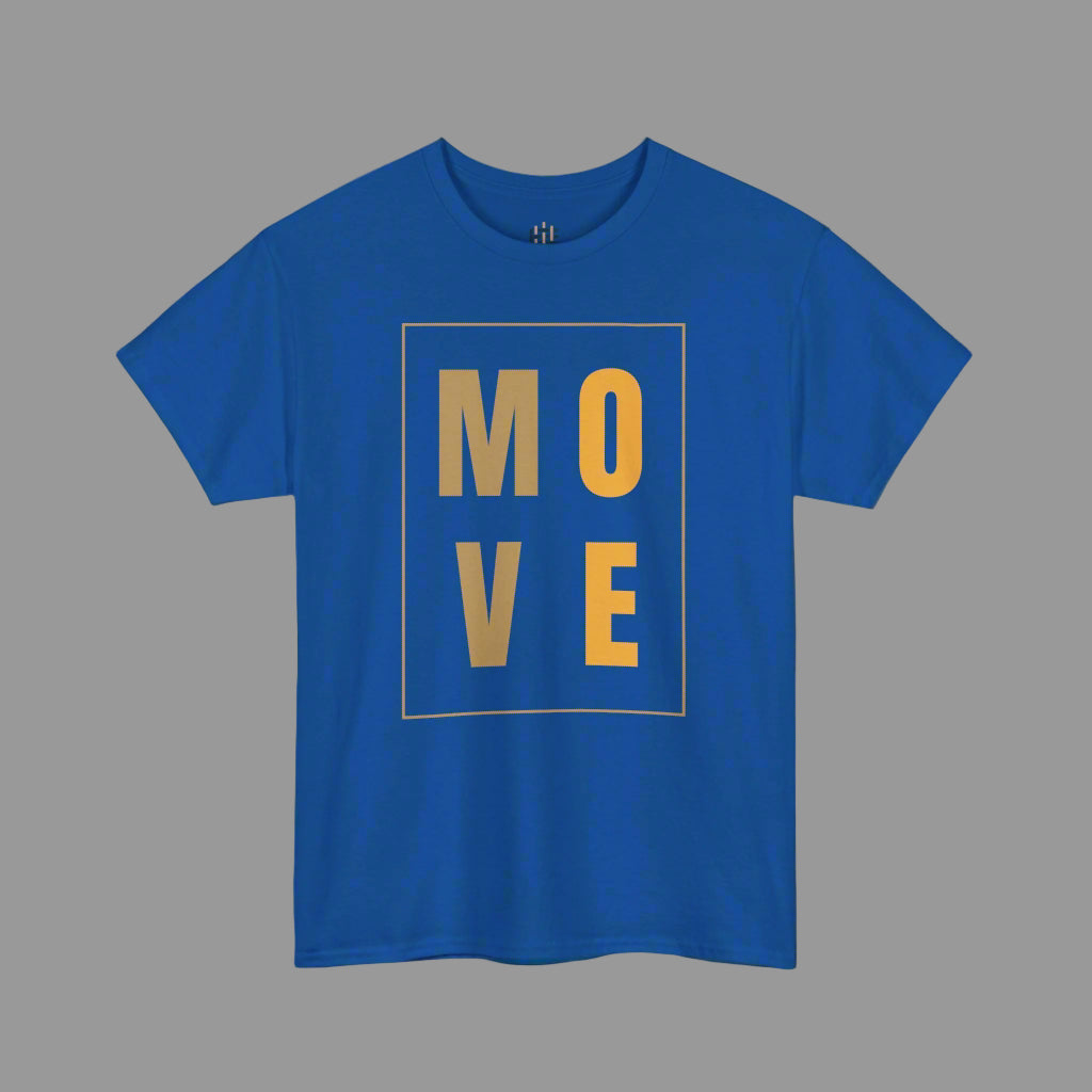 Blue t-shirt with 'MOVE' printed in gold on a white background