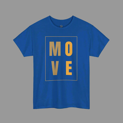 Blue t-shirt with 'MOVE' printed in gold on a white background