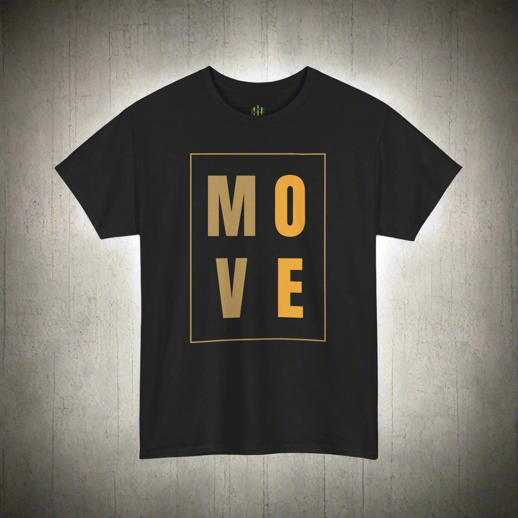 Black t-shirt with 'MOVE' in gold on a white background