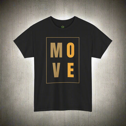 Black t-shirt with 'MOVE' in gold on a white background