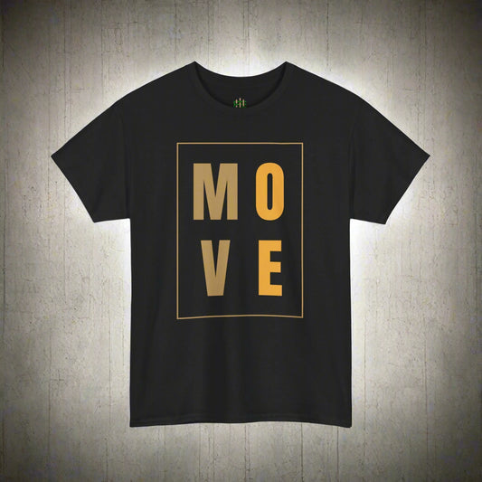 Black t-shirt with 'MOVE' in gold on a white background
