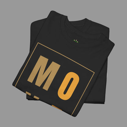Black t-shirt with 'MO' printed on it, folded and displayed against a white background