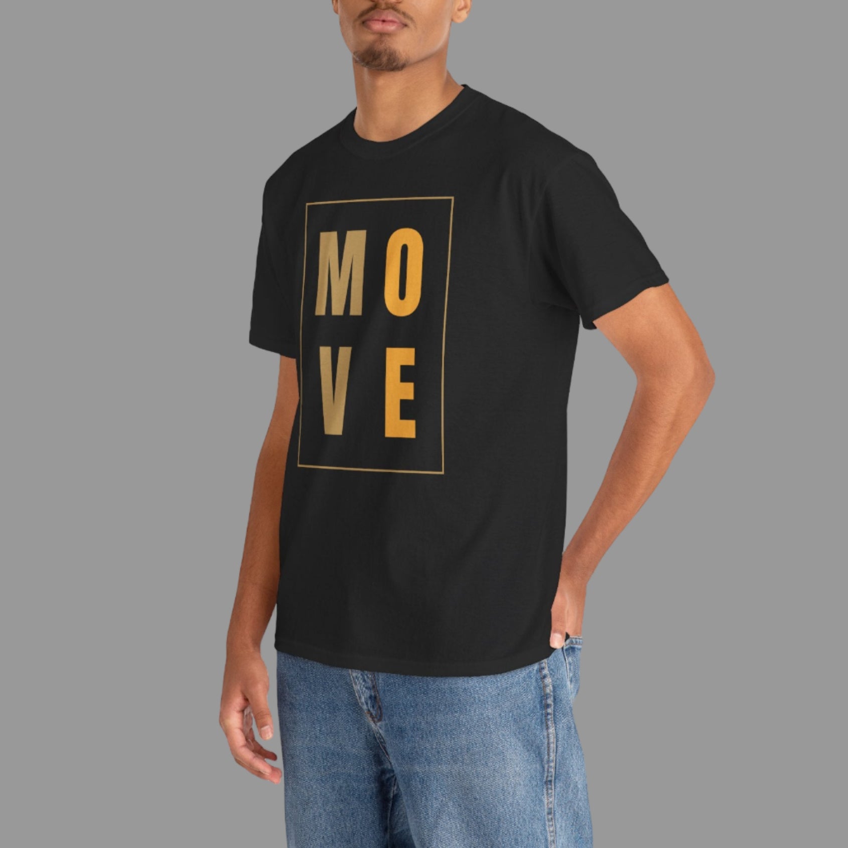 Person wearing a black t-shirt with 'MOVE' in gold on a white background