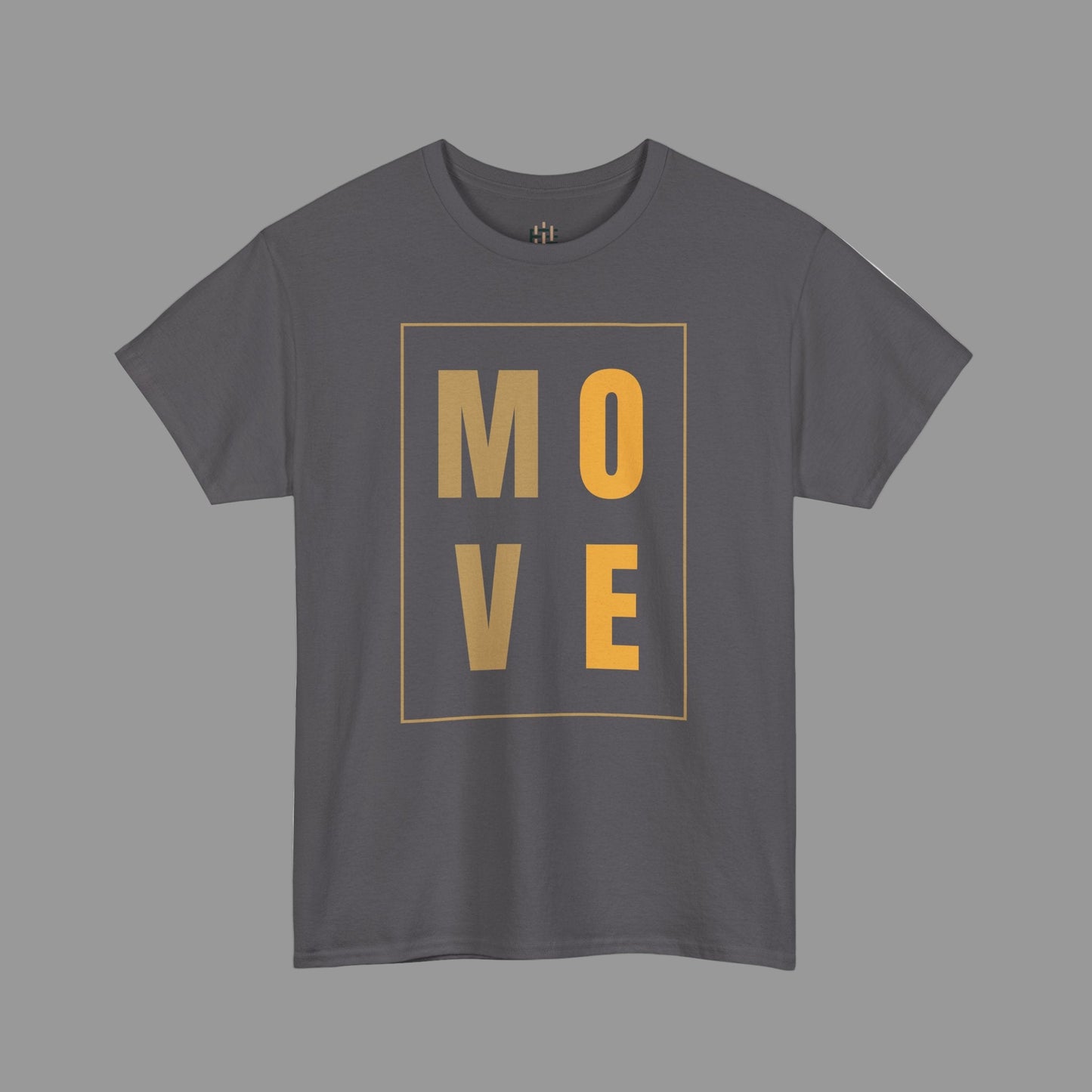 Gray t-shirt with 'MOVE' in gold on a white background