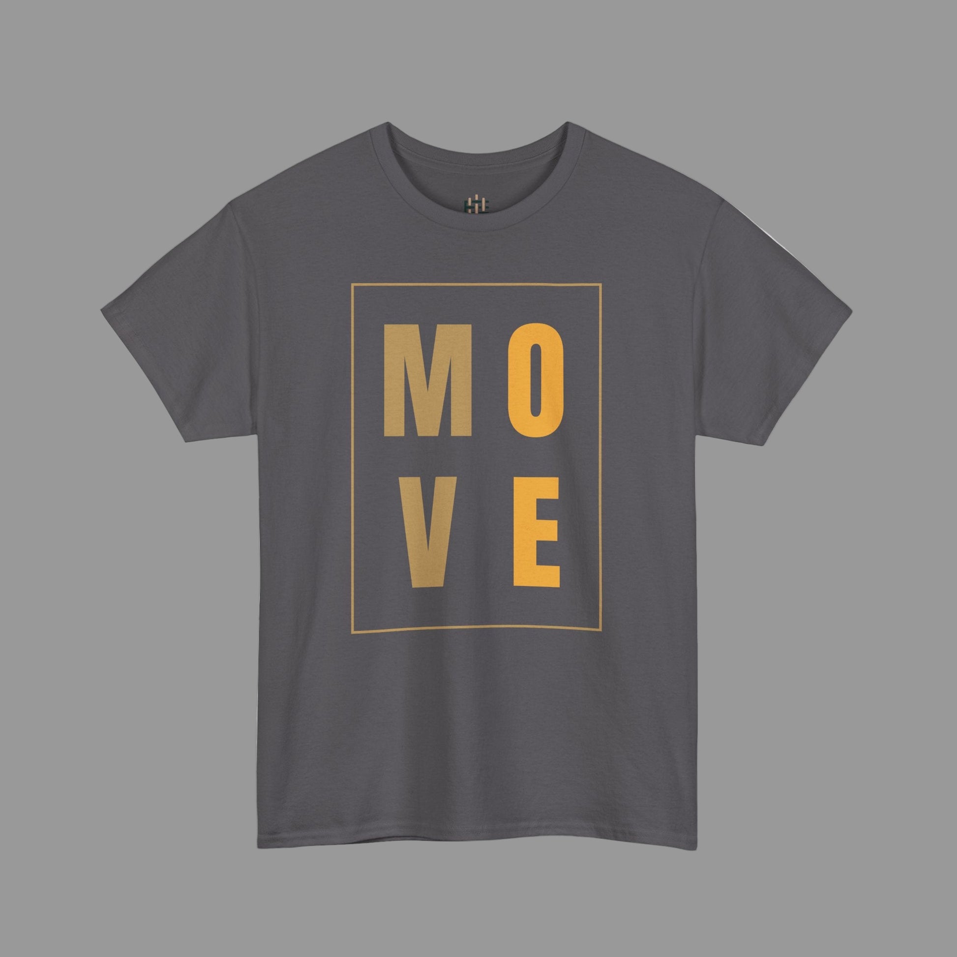 Gray t-shirt with 'MOVE' in gold on a white background