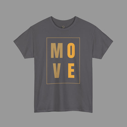 Gray t-shirt with 'MOVE' in gold on a white background