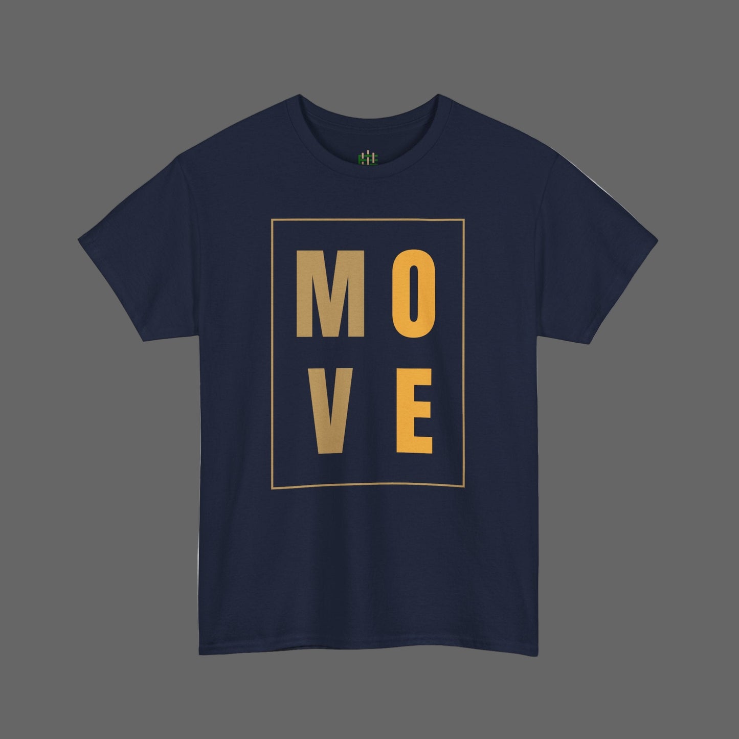 Navy blue t-shirt with 'MOVE' in gold on a white background