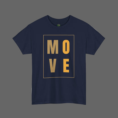 Navy blue t-shirt with 'MOVE' in gold on a white background