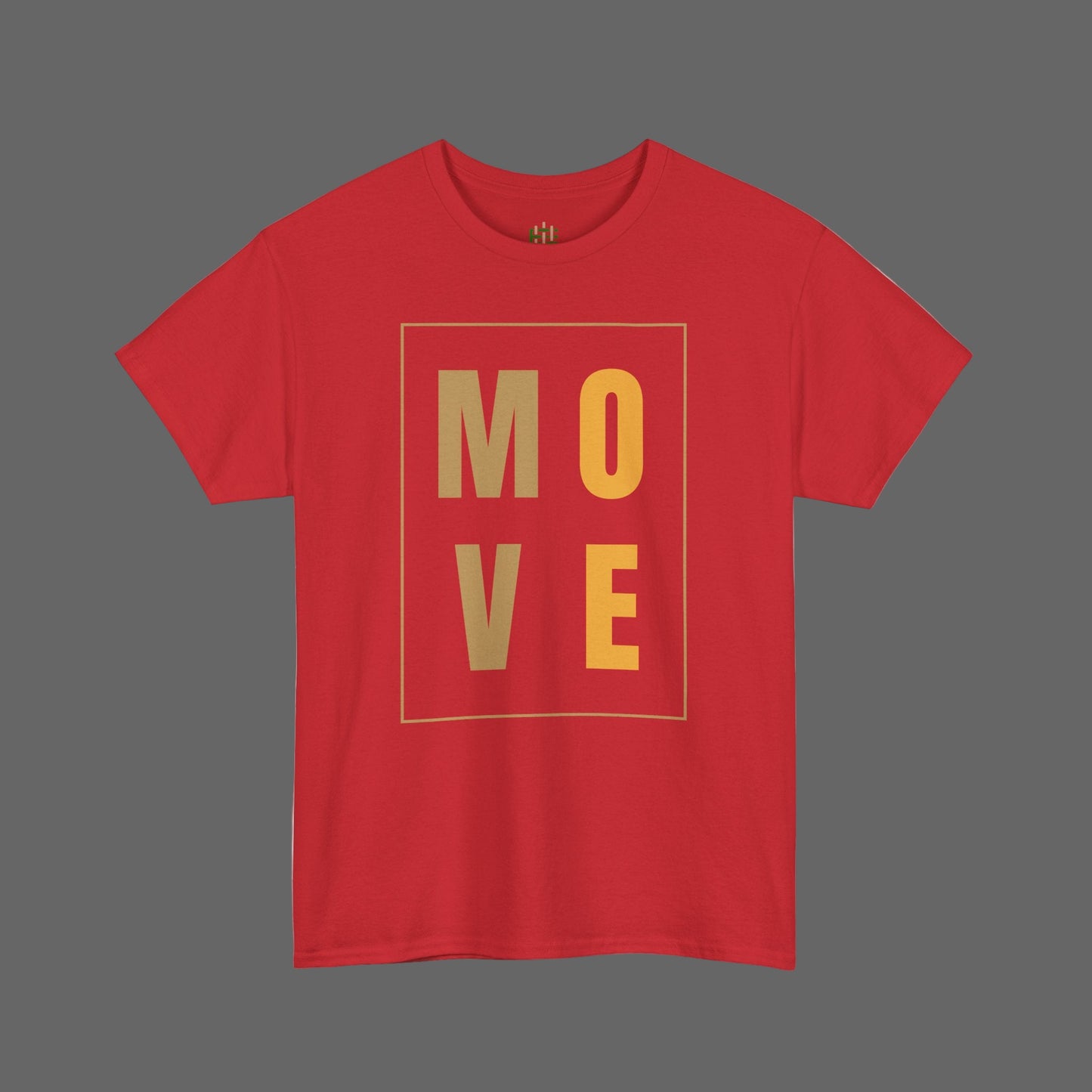 Red t-shirt with 'MOVE' printed in gold on a white background