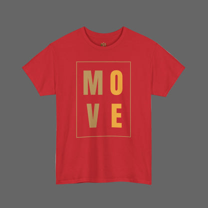 Red t-shirt with 'MOVE' printed in gold on a white background