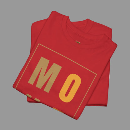 Folded red sweatshirt with 'MO' printed on it against a white background