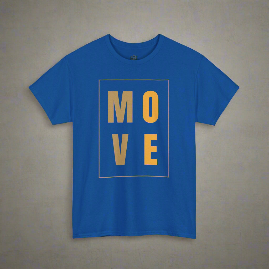 Blue t-shirt with 'MOVE' in gold on a white background
