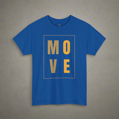Blue t-shirt with 'MOVE' in gold on a white background