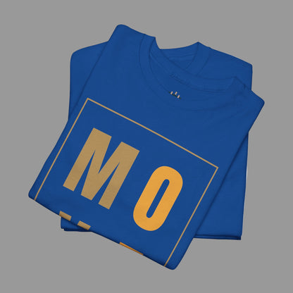 Folded blue t-shirt with 'MO' printed on it against a white background