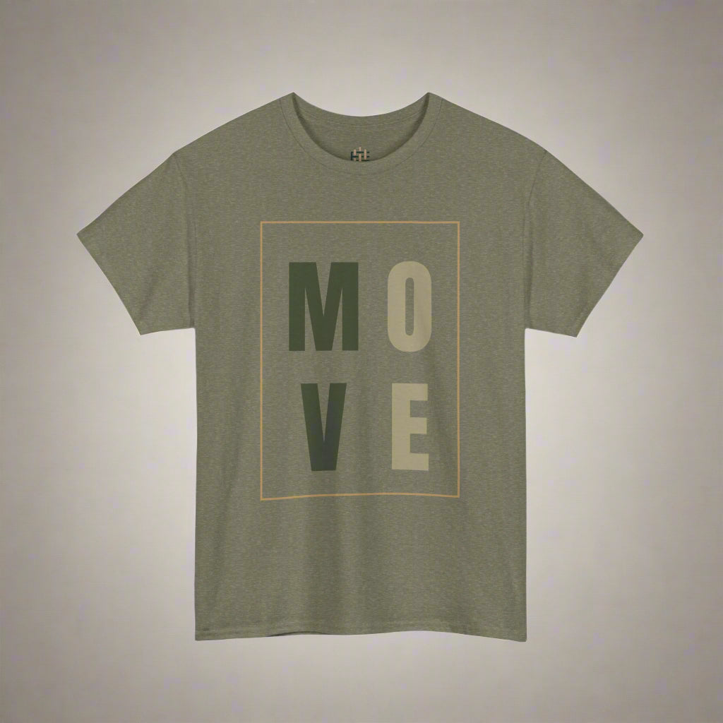 Green t-shirt with 'MOVE' text on a white background