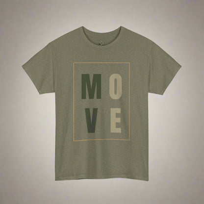 Green t-shirt with 'MOVE' text on a white background