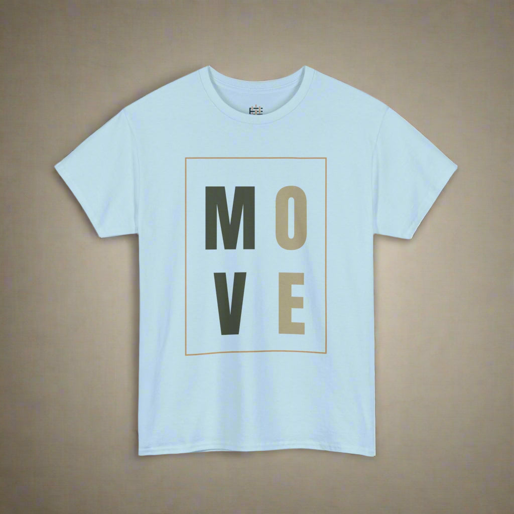 Light blue t-shirt with 'MOVE' text on a white background