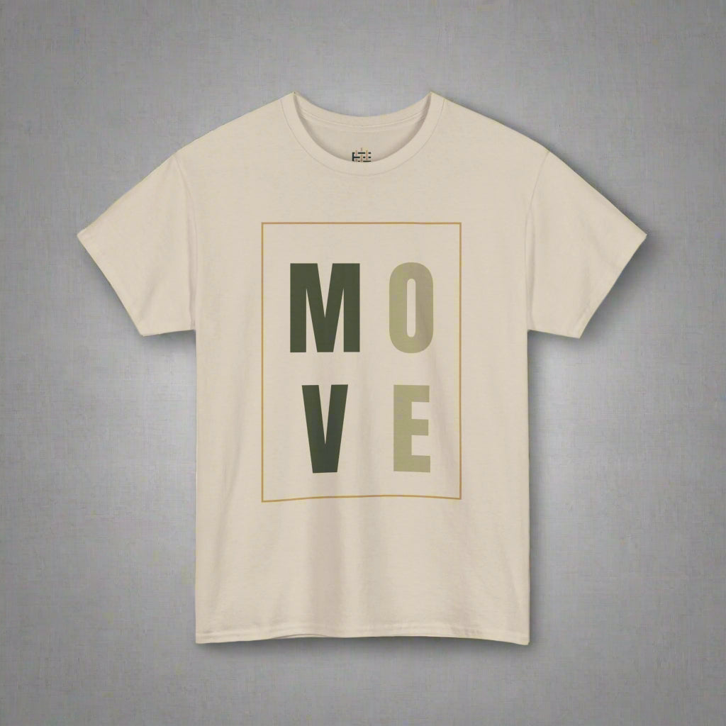 Beige t-shirt with 'MOVE' text in a box on a white background
