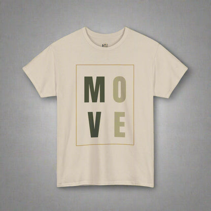 Beige t-shirt with 'MOVE' text in a box on a white background